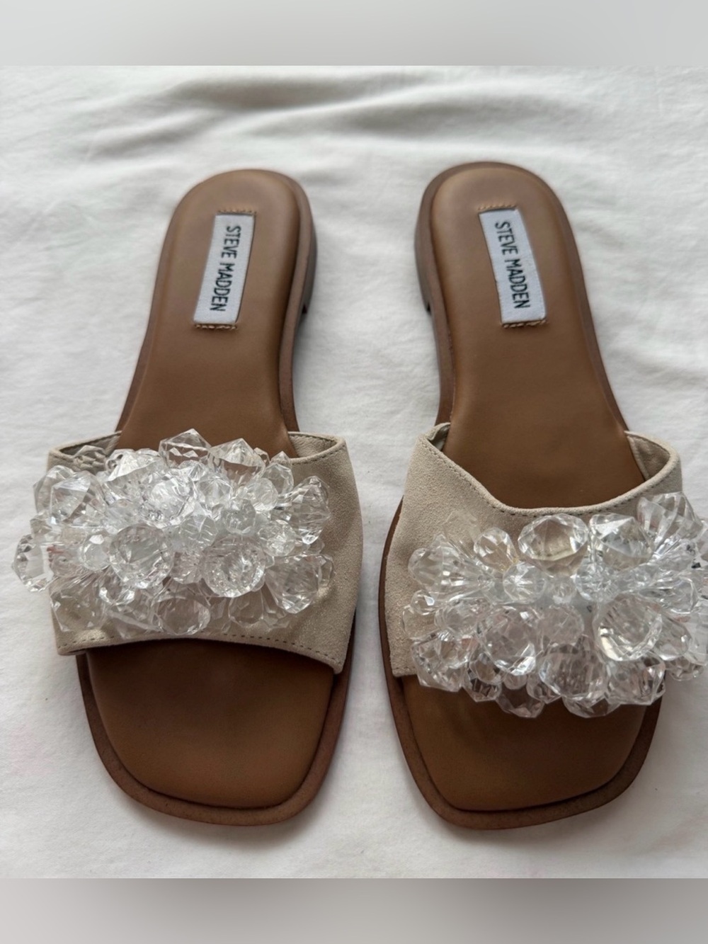 Steve Madden Women's Beige Slide Sandals with Crystal Embellishment